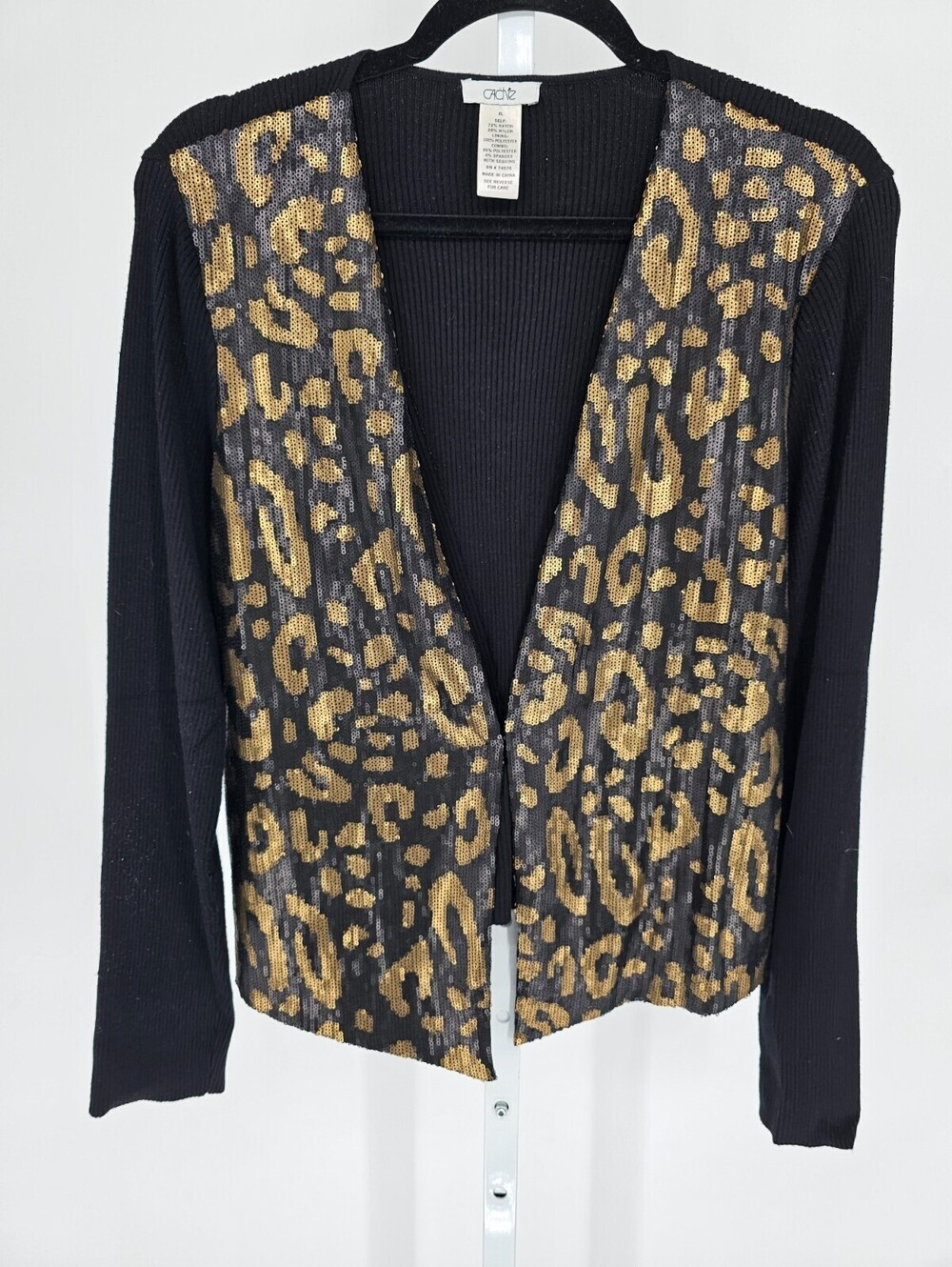 Cache Black Ribbed Sweater With Gold & Black Sequins Leopard Print Cardigan XL